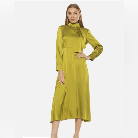 Alexia Admor Brooklyn Chartreuse Luxe Satin Fit & Flare Midi Dress Size 8 - Picture 1 of 9